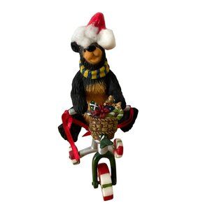 Vtg O’Well Bear Riding Peppermint Tricycle Christmas Santa Hat Cabin Lodge Decor